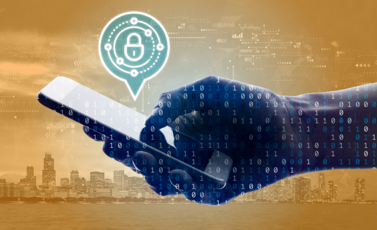 Banner image featuring a cityscape background with symbols indicating data aggregation, a hand unlocking a smartphone, and a symbol indicating security