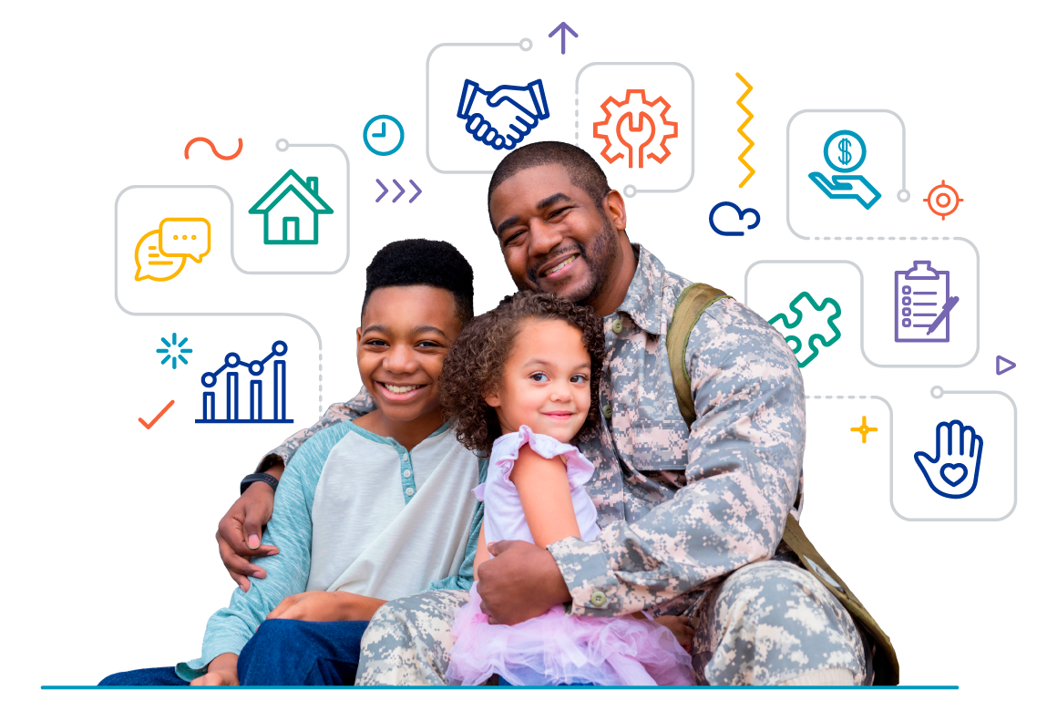 African American Army dad sits on the porch with his preteen son and preschool age daughter